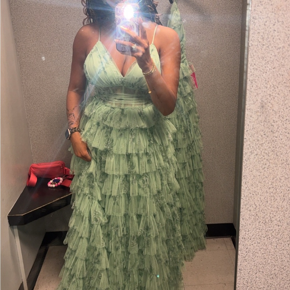 Layered Sage Green Tulle Maxi Dress with Spaghetti Straps